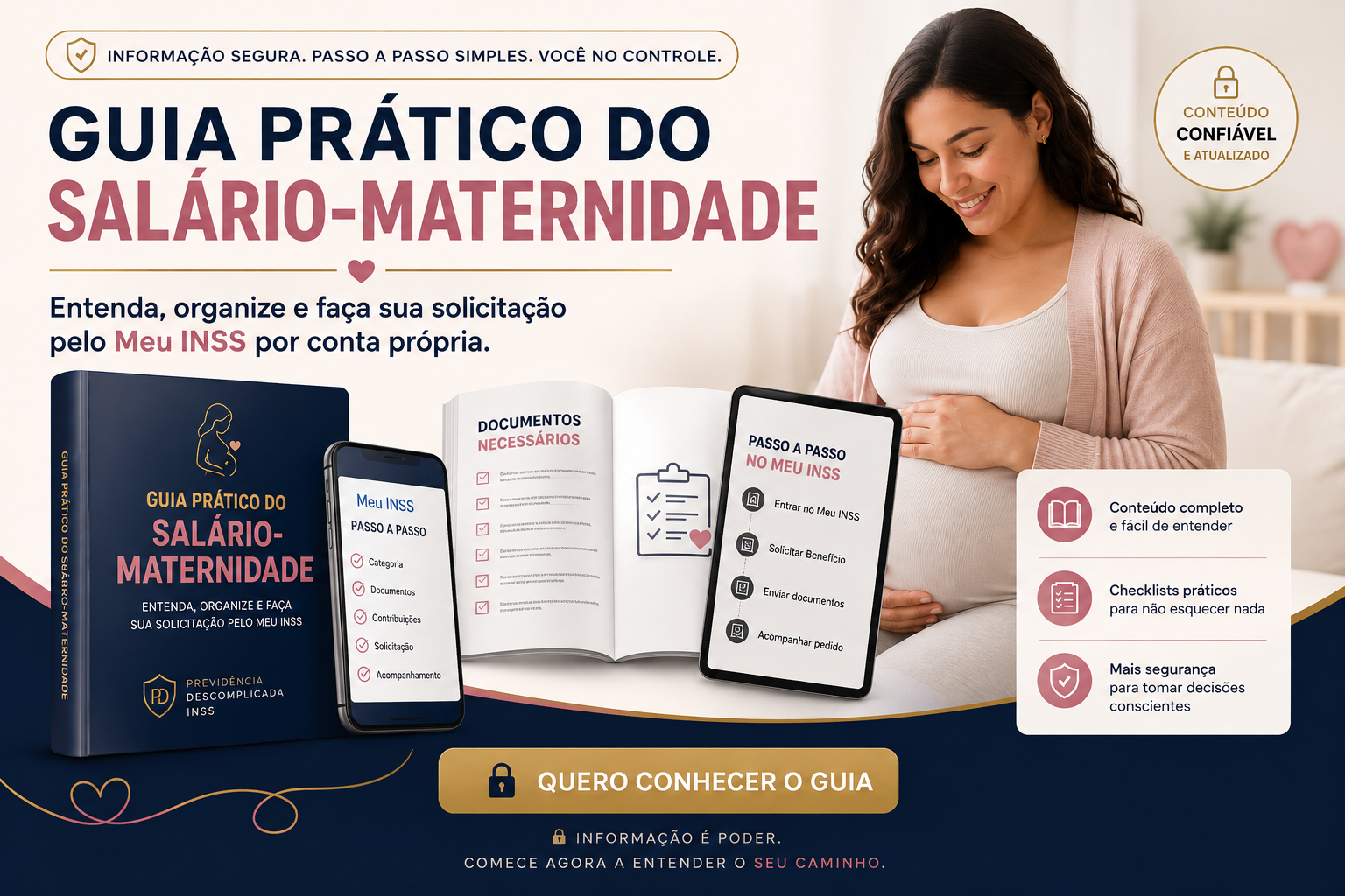 Mockup do Guia Prático do Salário-Maternidade com livro, celular e tablet